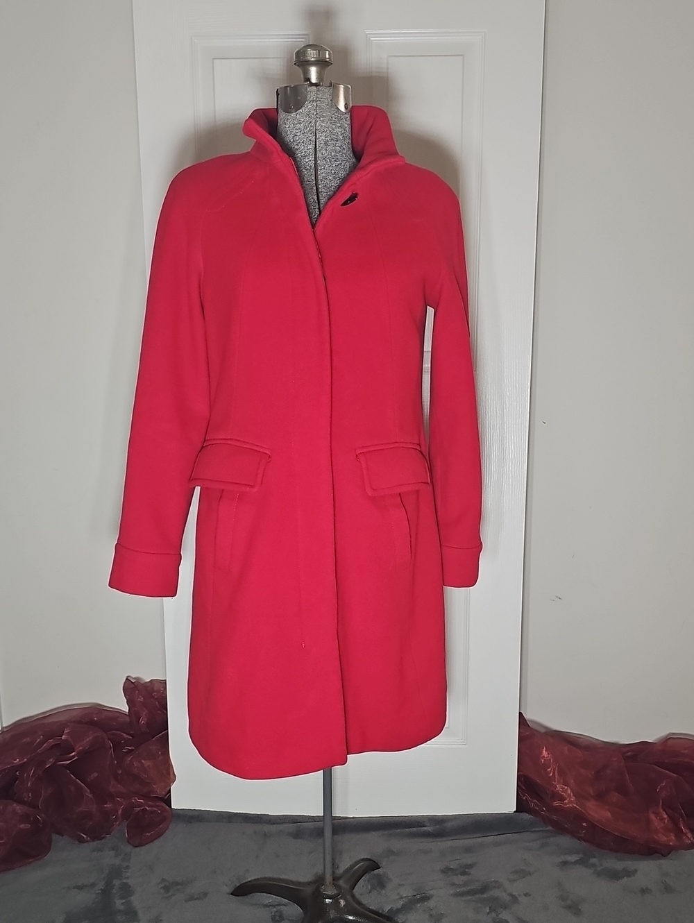 Lands End Red Wool Cashmere Dress Trench Driving Coat Size 6
